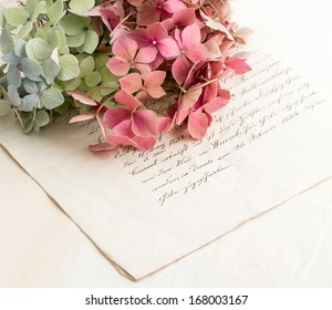 Old Love Letters And Garden Flowers Hydrangea. Romantic Vintage Style Background. Selective Focus