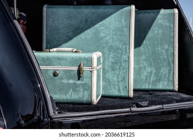 Old Luggage In The Trunk Of A Vintage Car At Wheels On The Waterfront Car Show