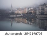 Old Lyon and the Saint Georges district along the Saône in Lyon in the autumn fog