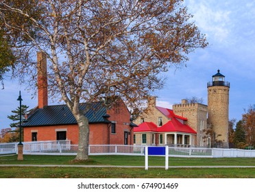 The Old Mackinac Point Lighthouse At The Straits Of Mackinac, Lower Peninsula, Michigan, USA