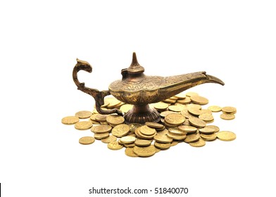 Old Magic Lamp And Money Isolated On White