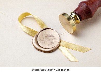 Old Mail Envelope With Gold Wax Seal Stamps 