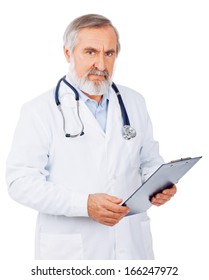 Old male doctor holding folder isolated on white background