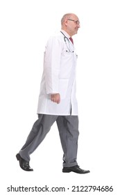 Old Male Doctor Walking Away And Look Away Isolated On White