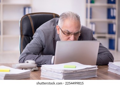 Old male employee and too much work in the office - Shutterstock ID 2254499815