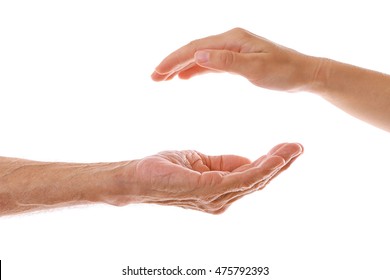 Old Male And Young Female Hands On White Background