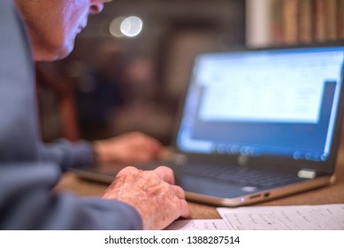 Old Man Of 93 Years Having Trouble Using His Computer To Check His Finances Online,very Challenging For Old People.