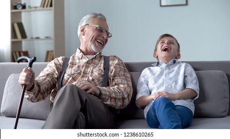 Old Man And Boy Laughing Genuinely, Joking, Valuable Fun Moments Together