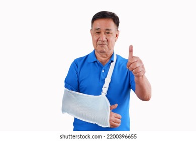 Old Man With Broken Arm On White Background.