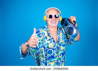 Old Man Dancing With Vintage Radio Dancing Having Fun Isolated