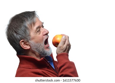 Old Man Enjoys Biting Apple