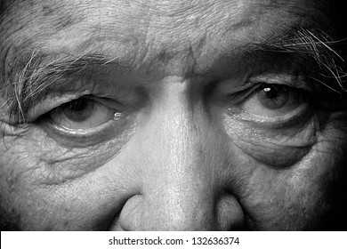 Old Man Face Part Closeup Eyes Looks At Camera Monochrome Image