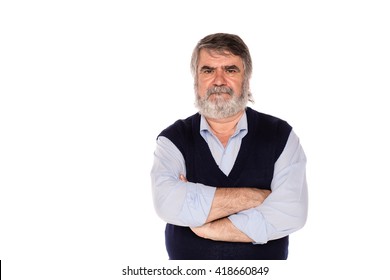 Old Man With Gray Beard And Blue Shirt Isolated On White Background