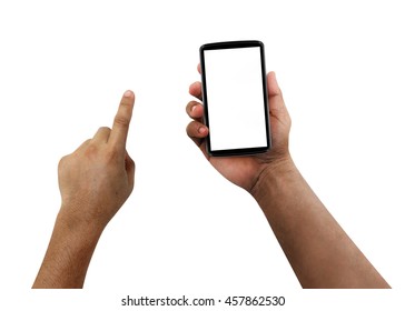 Old Man Hands Using Mobile Phone With White Screen, Isolated,