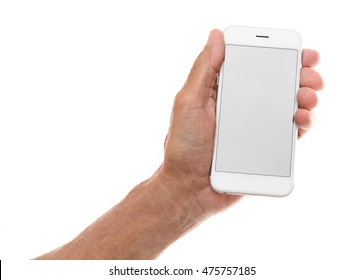 Old Man Holding Smartphone On A White Background