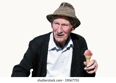 Old Man With An Ice Cream Wearing A Hat