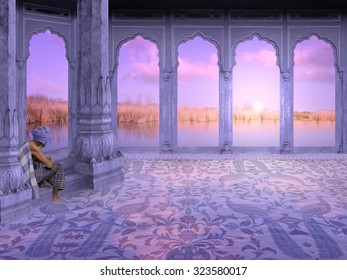 Old man in a indian palace during the sunrise.