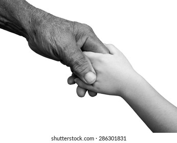 Old Man And A Kid Holding Hands Together On White Background , Black And White , B&W