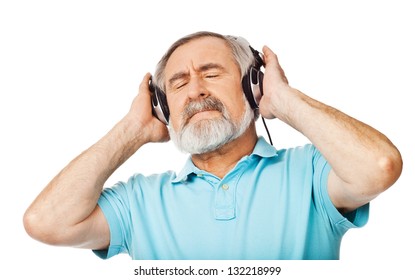 Old Man Listening To Music With Headphones On White Background