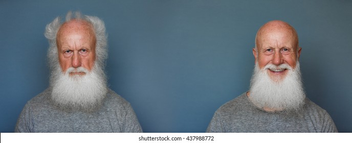 Old Man With A Long Beard With Big Smile On A Blue Background