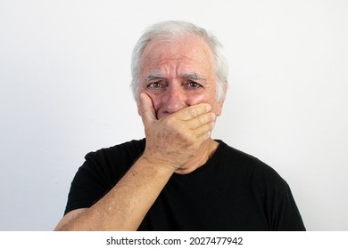 Old Man Male Senior  Black Shirt Wall White Background Unhappy Sad Afraid Scared Face Emotion Expression Fear Looking Retired Shock Stress