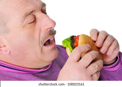 Old Man With Moustache Eating Burger