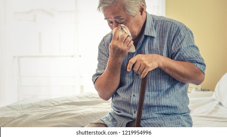 Old Man Negative, Mature Man Sad Alone At Home, Portrait Asian Senior Man Sick And Lonely.