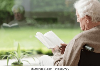 Old Man On Wheelchair Reading A Book