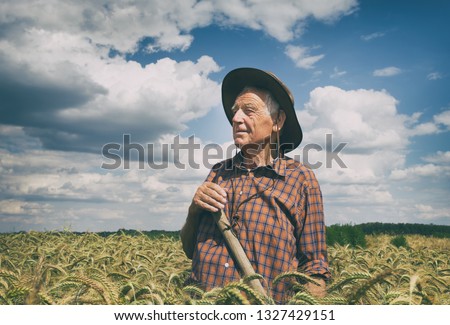 Old man peasant resting in barley field during seasonal works