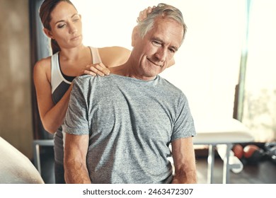 Old man, physiotherapist and neck pain treatment for rehabilitation consultation, mobility or injury. Client, woman and stretching joint or accident healing in retirement for senior, care or health - Powered by Shutterstock