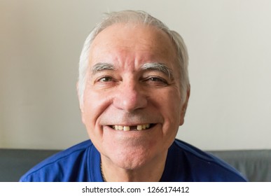 Old Man Senior Face Closeup Missing Tooth Smile Proper  Dental Care Insurance Health