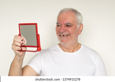 Old Man Senior Face Closeup Missing Tooth Smile Proper Tooth Looking Mirror Overexposed Not In Focus