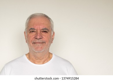 Old Man Senior  White Shirt Closeup Next To The Wall Healthy  Overexposed Not In Focus White Background Happy Smiling Friendly Grandpa