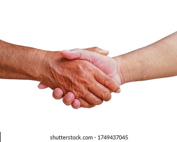 The Old Man Shaking Hand With The Young Man, Isolated On White Background