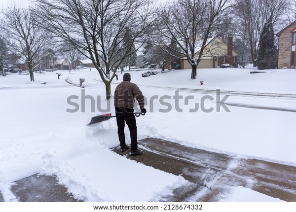 Old Man Shoveling Driveway After Winter Stock Photo 2128674332 ...