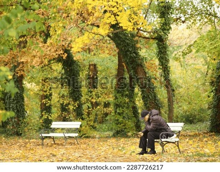 An old man sits alone on a bench outside in nature. Conceptual photo about being alone in old age. Unrecognizable old man sitting on a bench in the park. Resting old man in beautiful autumn park.