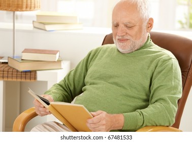 Old Man Sitting At Home Reading Book In Armchair.