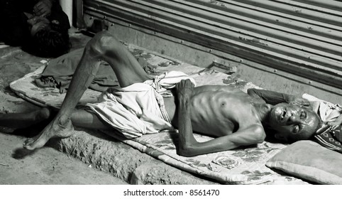 Old Man Sleeping On Footpath, Delhi, India