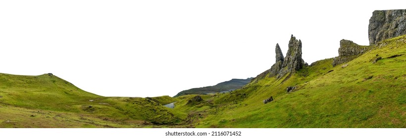 The Old Man Of Storr (Trotternish peninsula, Isle of Skye, Scotland, UK) isolated on white background - Shutterstock ID 2116071452
