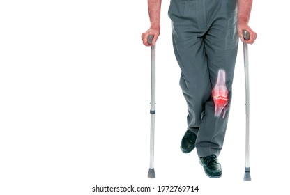 Old Man With Stuff Walking.walking Stick Or Staff Cane For Patient  Or Aged Grandfather Showing Left Knee Pain Isolated On Whith Background. Clipping Path.