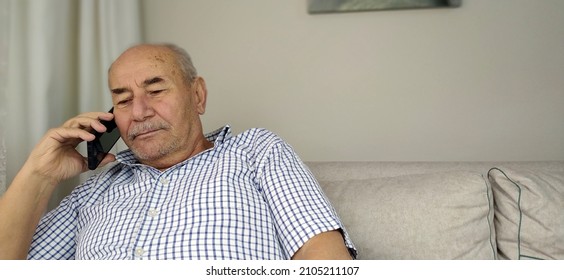 Old Man Talking On Cell Phone, Grandfather Chatting With Relatives Or Grandchildren, Mature Man Making Or Answering Phone Call, Nice Chat