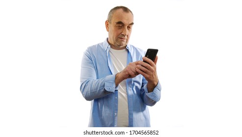 Old Man Using Mobile Phone. Isolated On White.