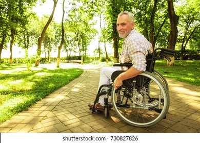 The old man in a wheelchair is sitting in the middle of the alley in the park. Behind him are trees and greenery. He smiles