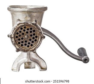 Old manual  iron meat mincer isolated on white background. File contains a clipping path.