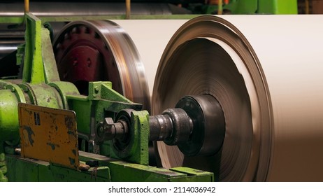 Old Manufactoring Equipment Produce Paper Machine Shafts At Paper Mill. Equipment. Paper Production. Rolling Rolls