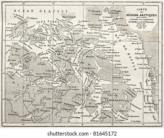 Old Map Of Arctic Region Of Sir John Franklin Northwest Passage Exploration. Created By Erhard And Bonaparte, Published On Le Tour Du Monde, Paris, 1860