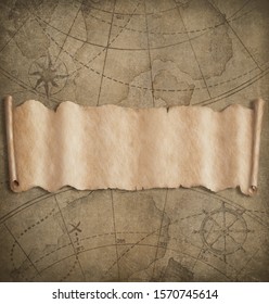 Old map background with blank scroll paper banner