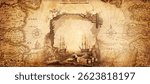 Old map collage background. A concept on the topic of sea, voyages, discoveries, pirates, sailors, geography, travel and history. Effect of overlay on old texture of paper.  