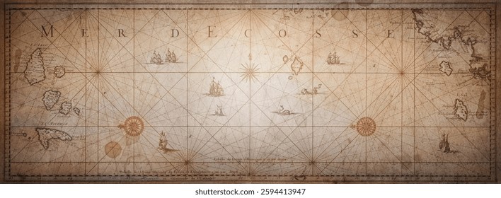 Old map collage background. A concept on the topic of sea voyages, discoveries, pirates, sailors, geography, travel and history. 