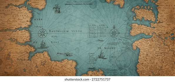 Old map collage background. A concept on the topic of sea voyages, discoveries, pirates, sailors, geography, travel and history. Effect of overlay on old texture of paper.  Pirate, travel and nautical background. 